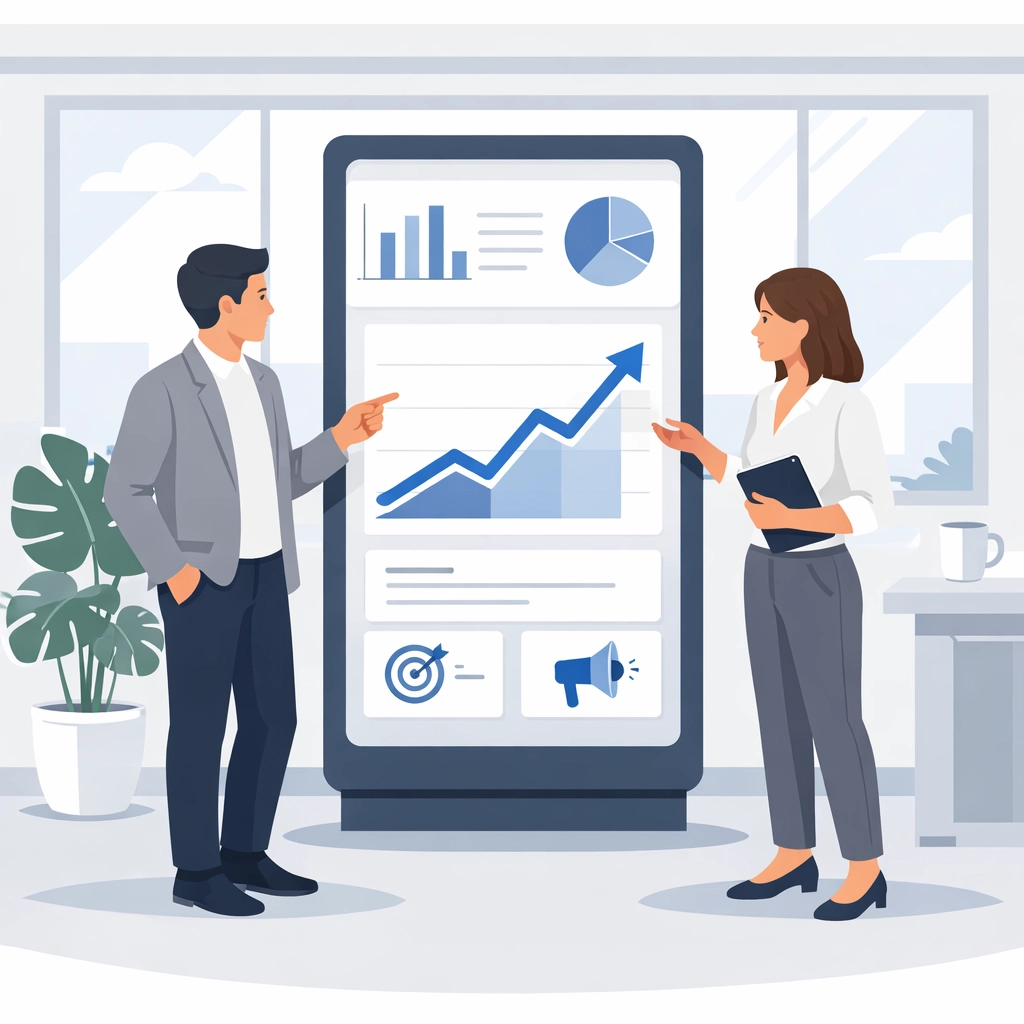 Expert marketing strategists reviewing a data dashboard showing upward growth for SEO and Google Ads.