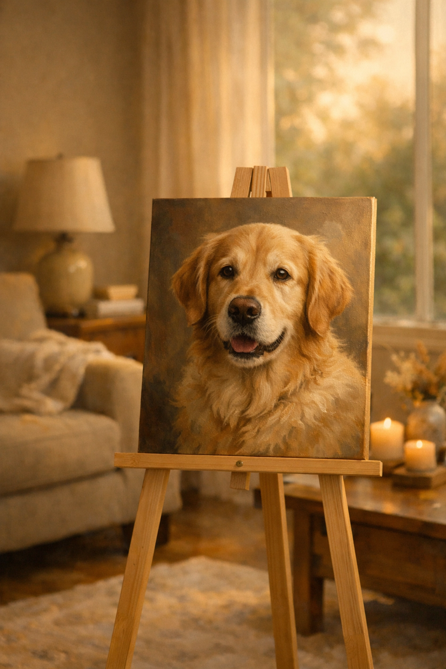 Custom pet portrait of a Golden Retriever displayed in a sunlit room as a beautiful pet memorial idea.