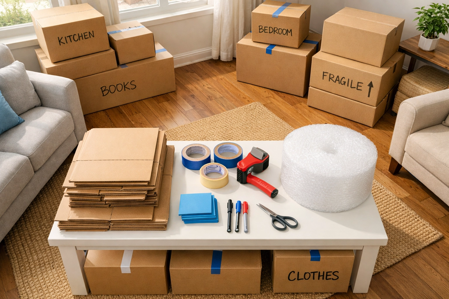 Organized packing command center with moving boxes and supplies in living room