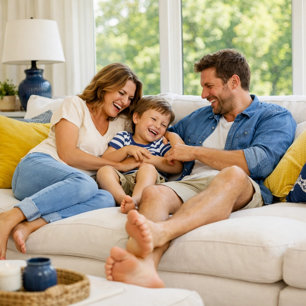 Happy family relaxing in a clean Brookline home after a professional house cleaning Brookline MA service.