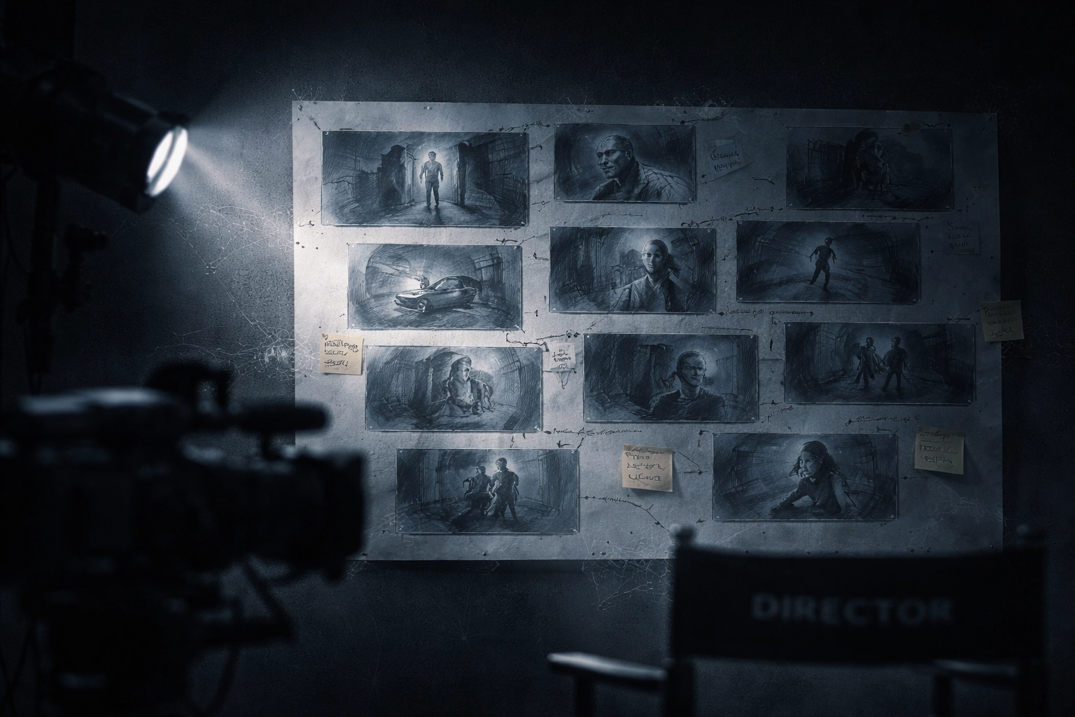 Storyboard mit Szenenskizzen, Kamera und Regiestuhl als Sinnbild für Drehbuchentwicklung einer autobiografischen Filmadaption