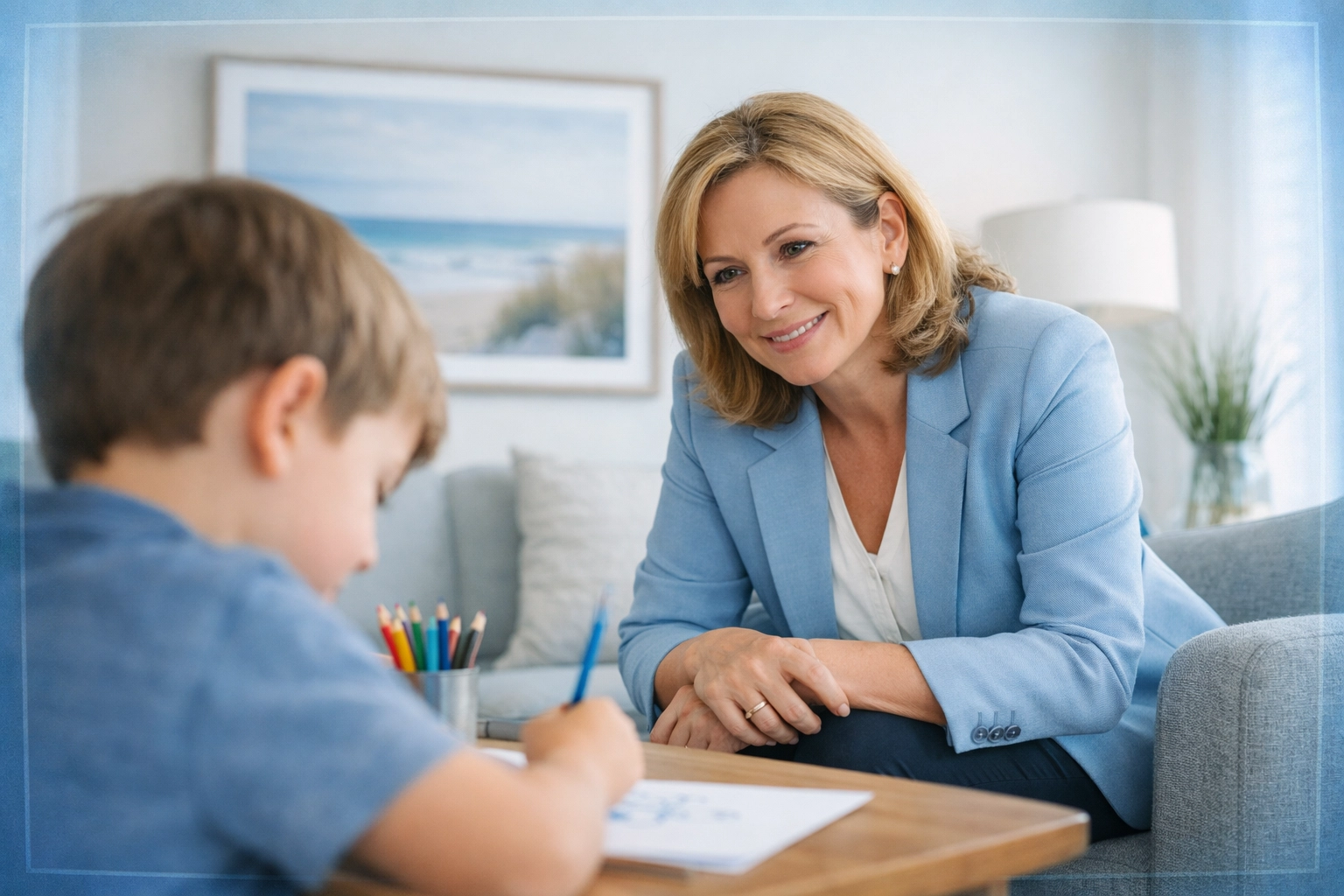 Virginia Beach child custody attorney meeting with a young child in a professional, compassionate office setting.