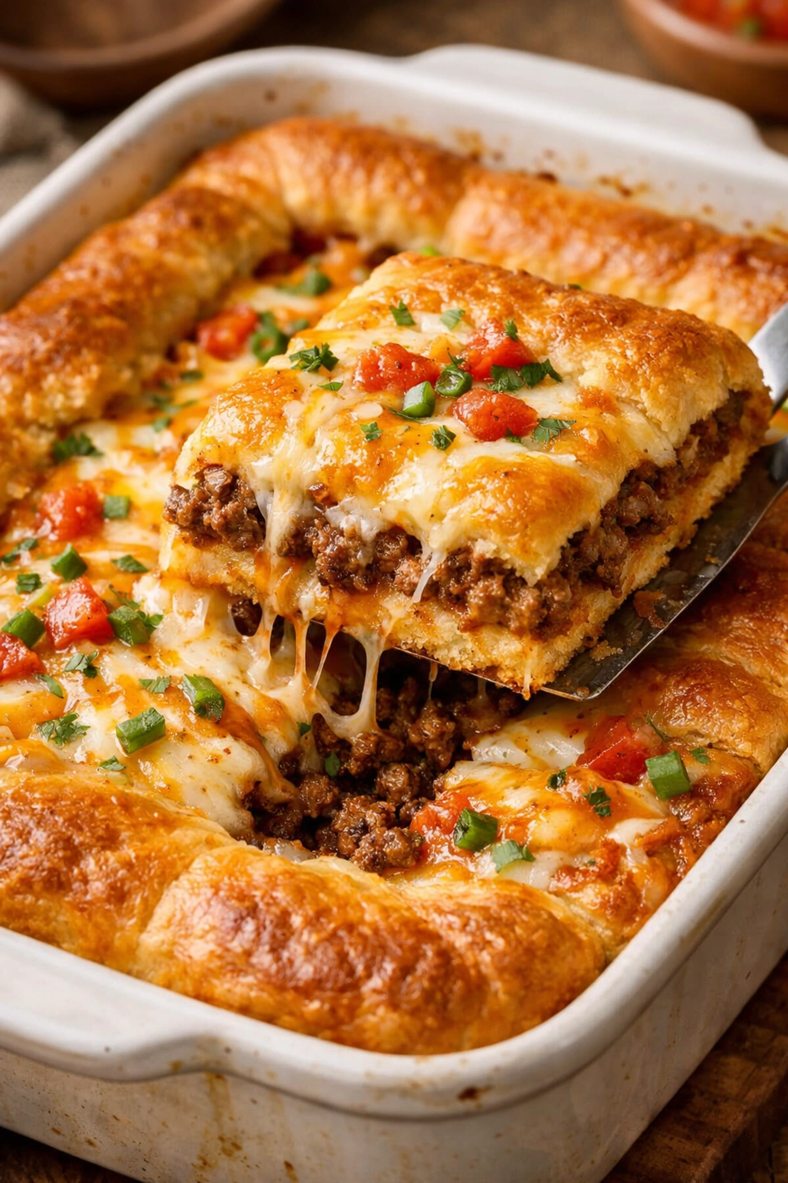 Golden-brown crescent taco bake with melted cheese, a quick 5-ingredient dinner idea.