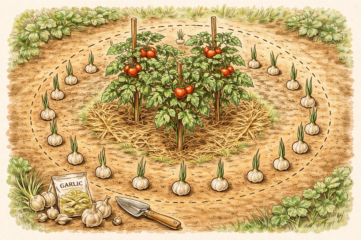 Storybook-style diagram of a garden bed with garlic planted in a protective ring around tomato plants