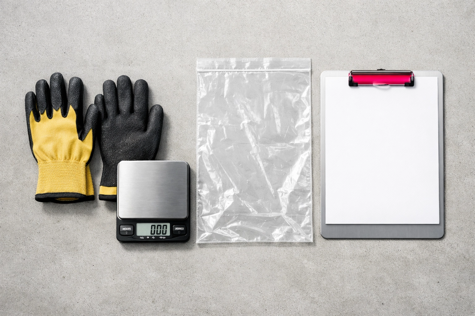 Industrial waste audit toolkit featuring safety gloves, a digital scale, and a recording clipboard.