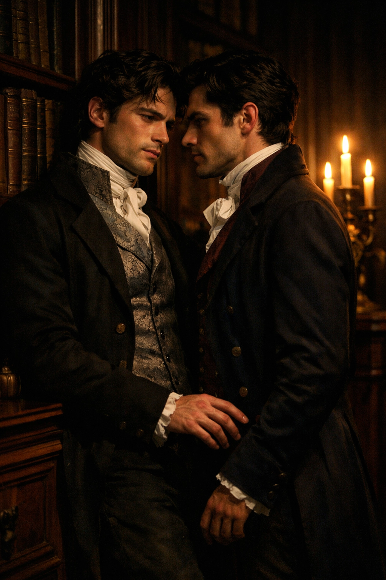 Two men in Regency attire sharing a moment of forbidden longing in a dark library, typical of MM historical romance.