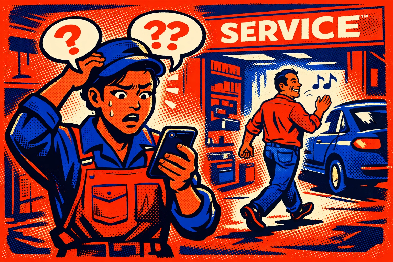 Business owner frustrated trying to manually collect Google reviews while customer walks away