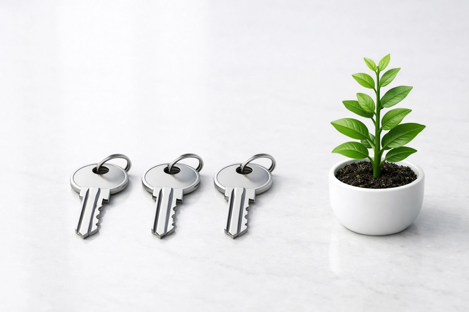 House keys and a growing plant symbolizing real estate portfolio scaling and equity growth strategies.