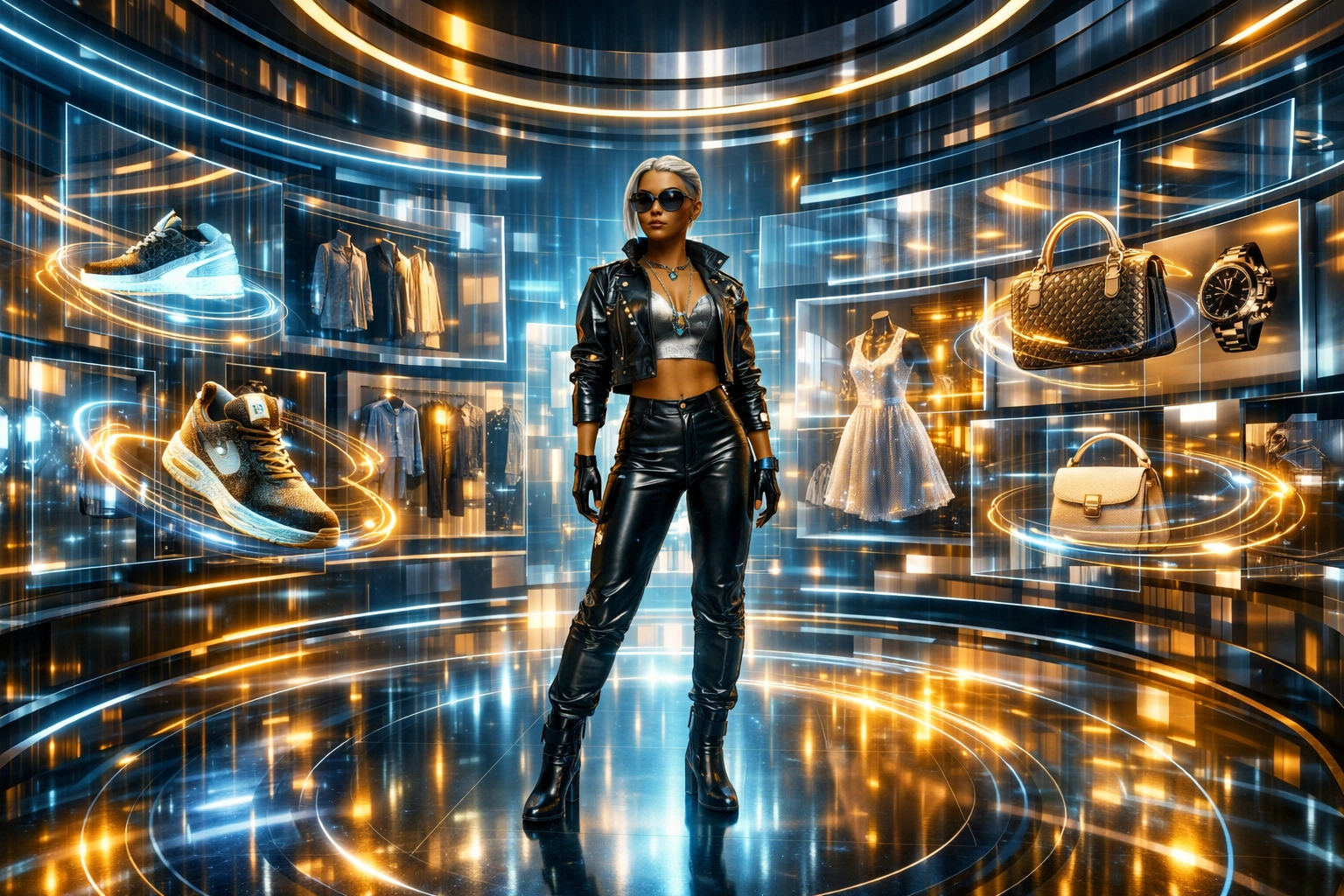 Personalized AI-driven shopping experience in a futuristic Metaverse digital boutique.