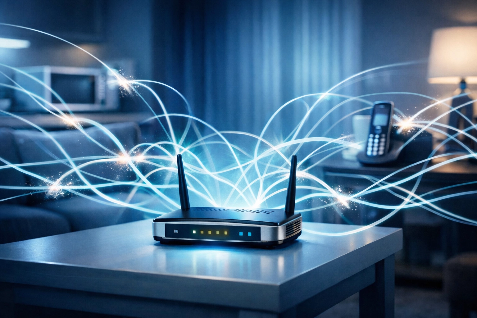 Older Wi-Fi N router experiencing signal interference and congestion from household appliances in a living room.