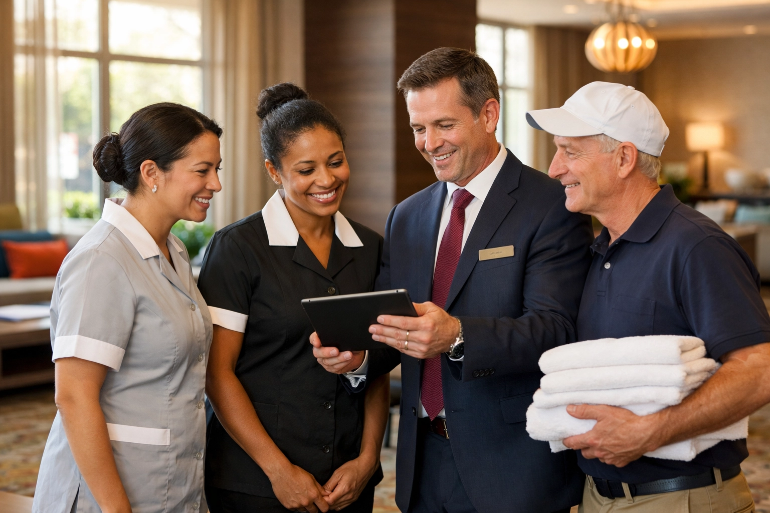 Hotel manager consulting with hospitality staffing team in modern Indianapolis hotel lobby