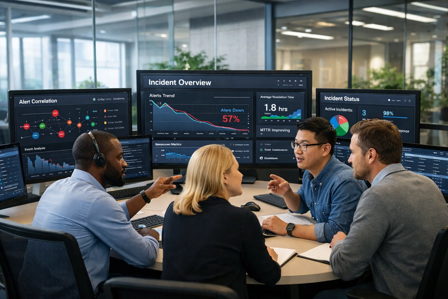 IT operations team monitoring ServiceNow ITOM incident dashboards for faster MTTR resolution