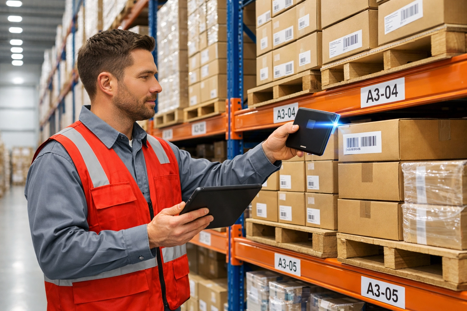 Warehouse worker scanning inventory using tablet in managed storage facility