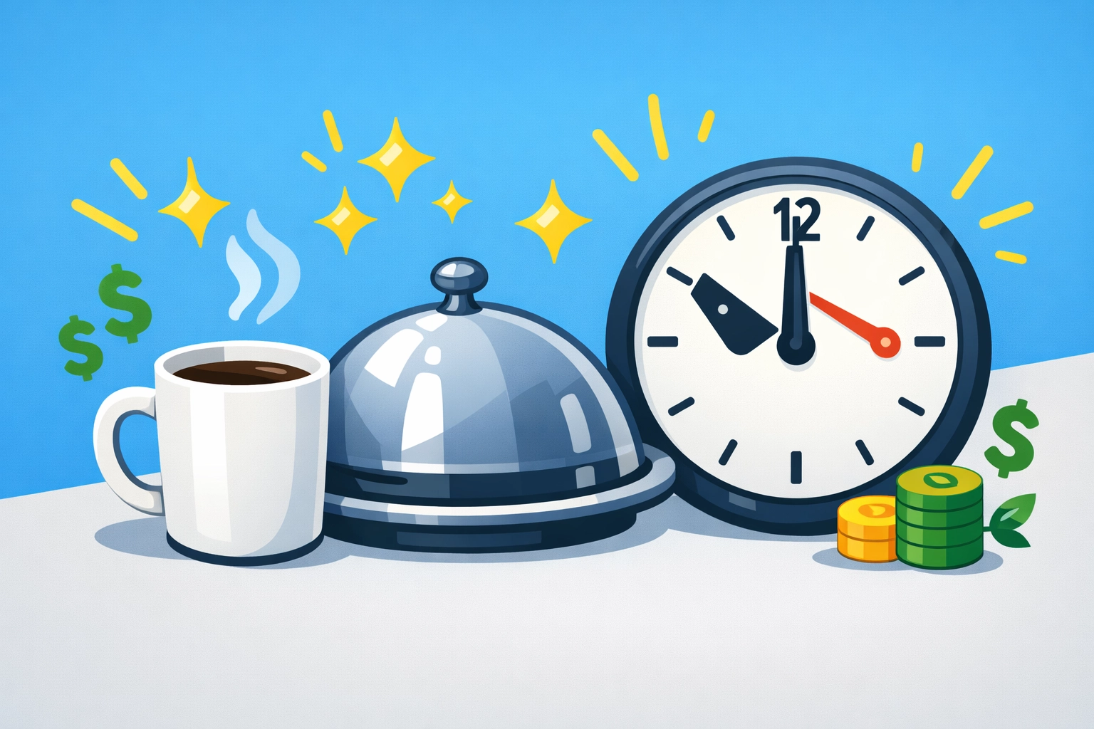 Serving platter and clock icons highlighting new tax planning for service industry tips and overtime deductions.