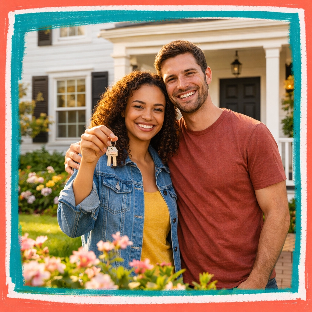 Happy couple holding house keys on porch of Connecticut home showing improved affordability