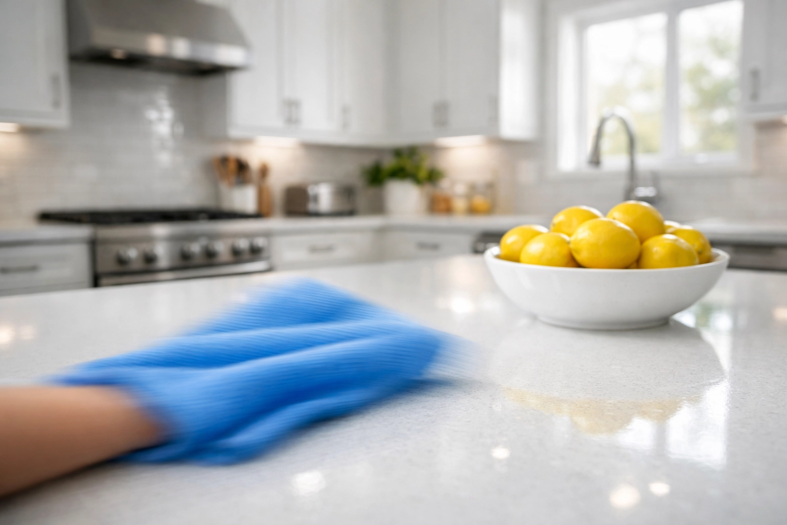 Spotless Leominster kitchen with white cabinets and quartz countertops cleaned to ninja-style perfection.