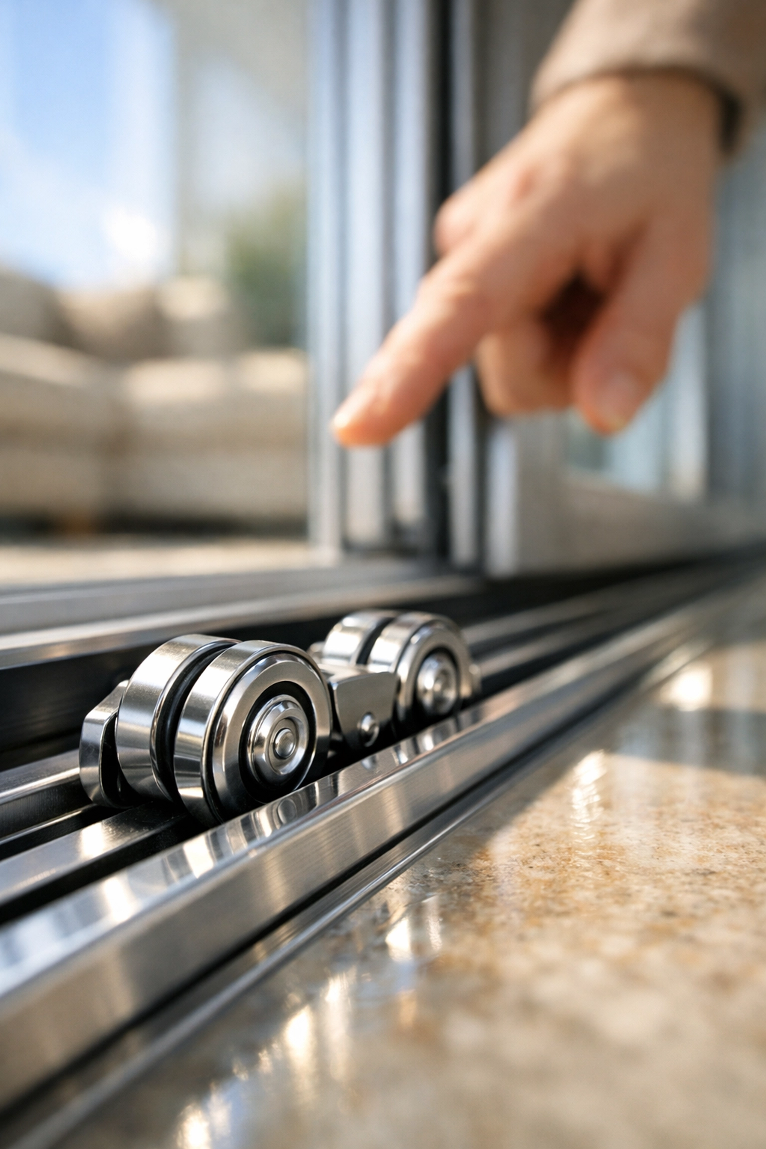 New sliding patio door rollers on a clean track to fix sticking or heavy glass doors.
