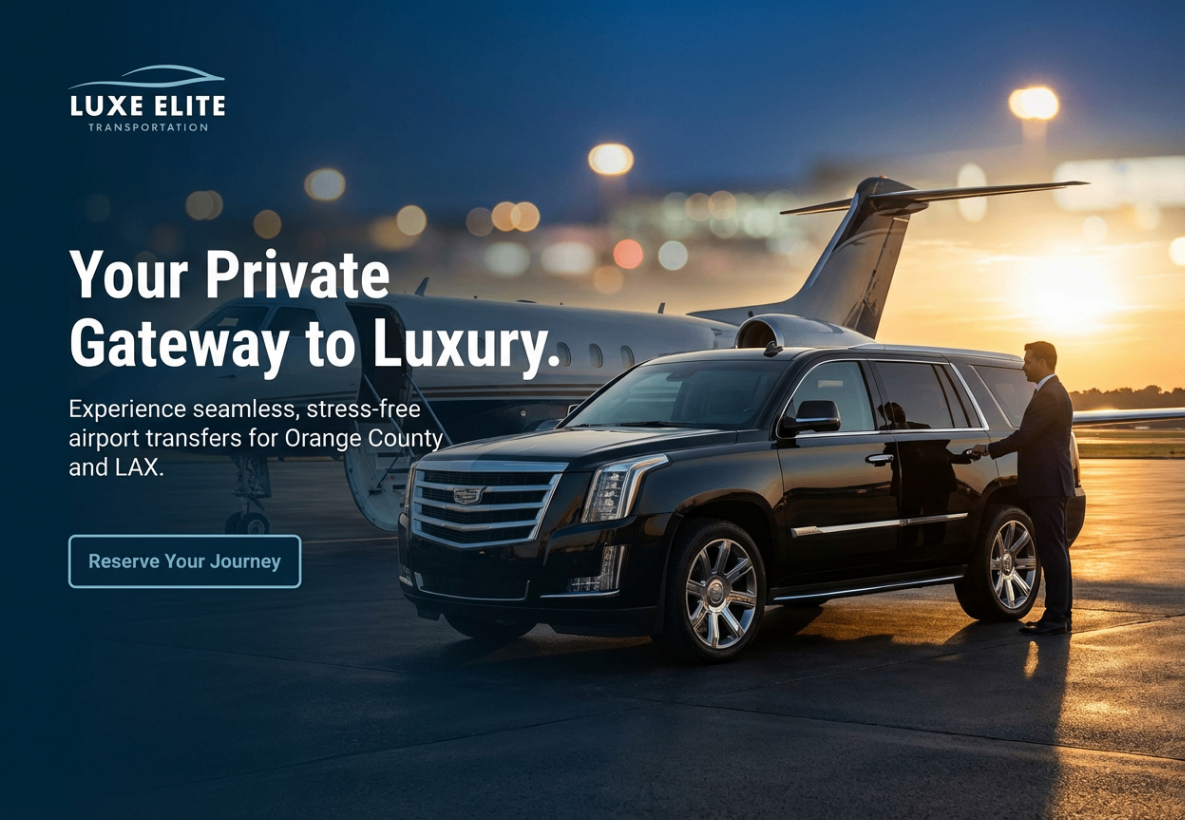 How to Skip the LAX Chaos with Luxury Car Service in Under 5 Minutes 4 Luxe Elite Airport Transfer A luxury black SUV is parked beside a private jet at sunset. A professional chauffeur in a suit stands next to the vehicle, ready to assist. The Luxe Elite Transportation logo and branding emphasize seamless, stress-free airport transfers for Orange County and LAX, with a call-to-action for reserving a journey.