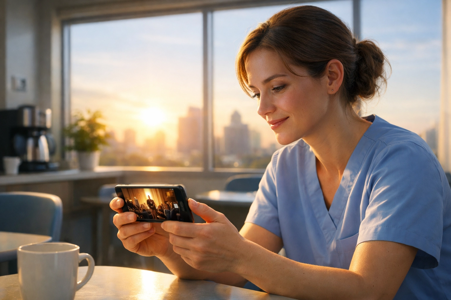 A nurse in a hospital breakroom watching a live online church service on her smartphone.