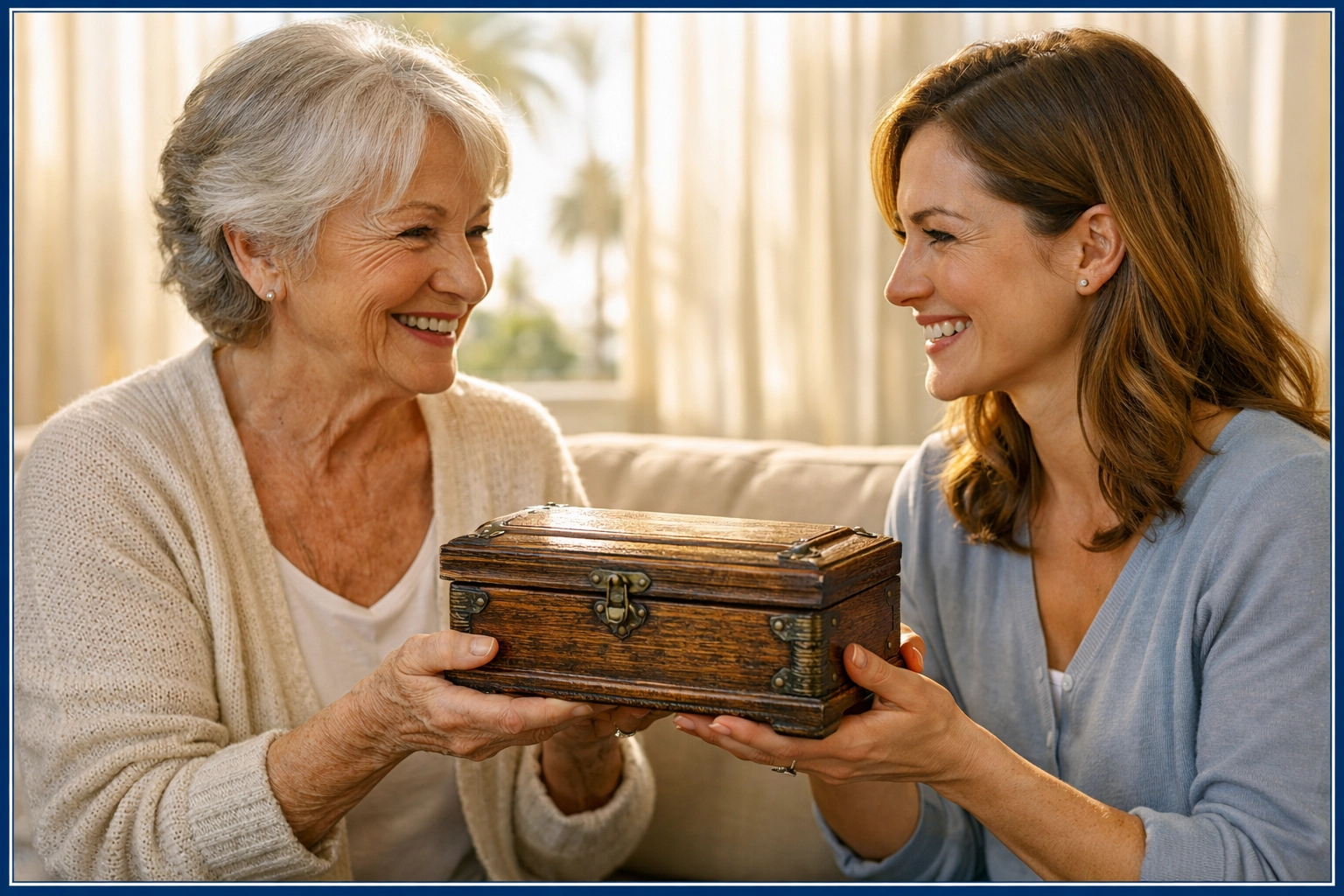 Grandmother gifting antique jewelry box to daughter while downsizing LA home