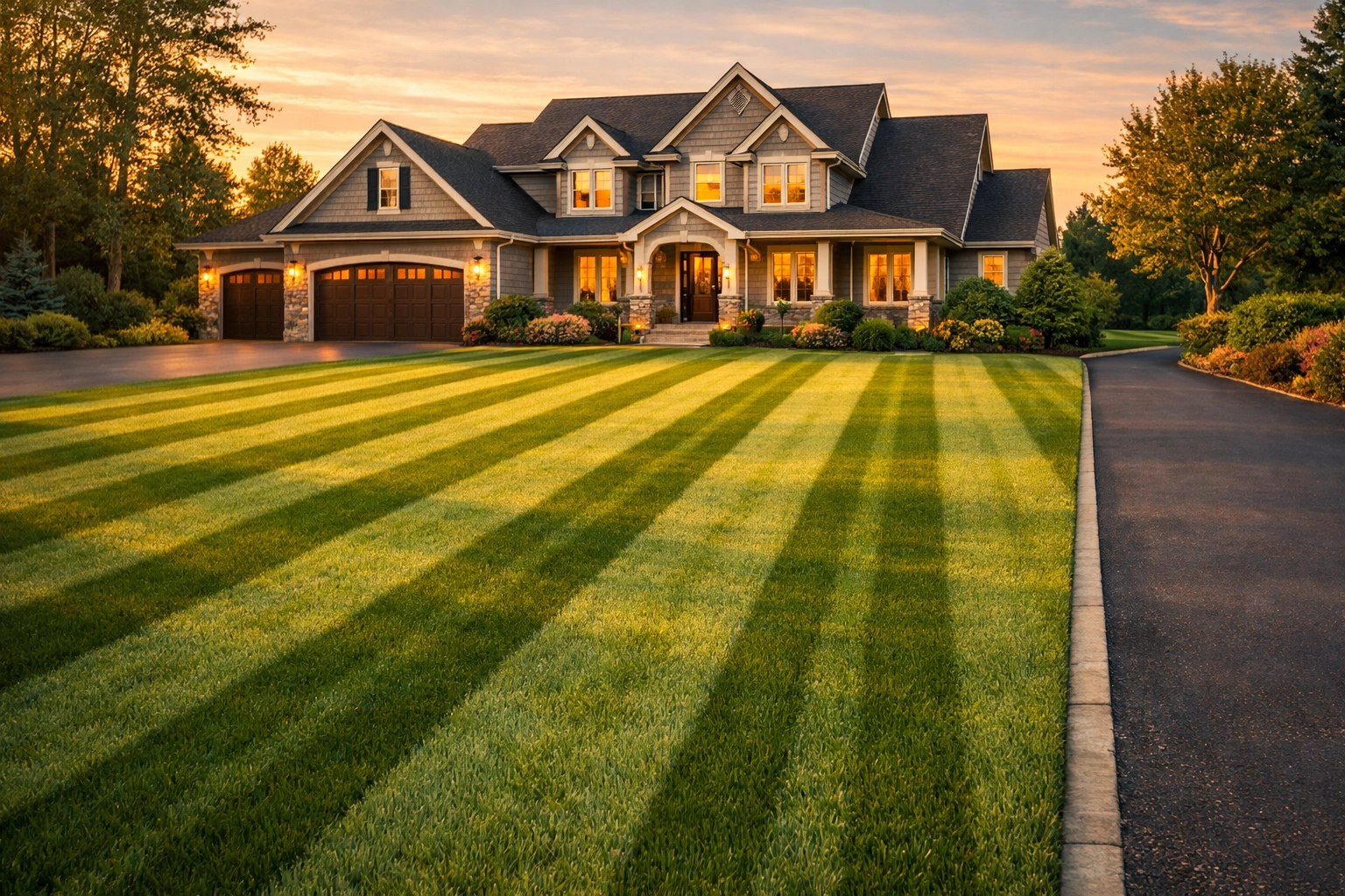Professional lawn care results showing a healthy green yard with beautiful mowing stripes at a suburban home.