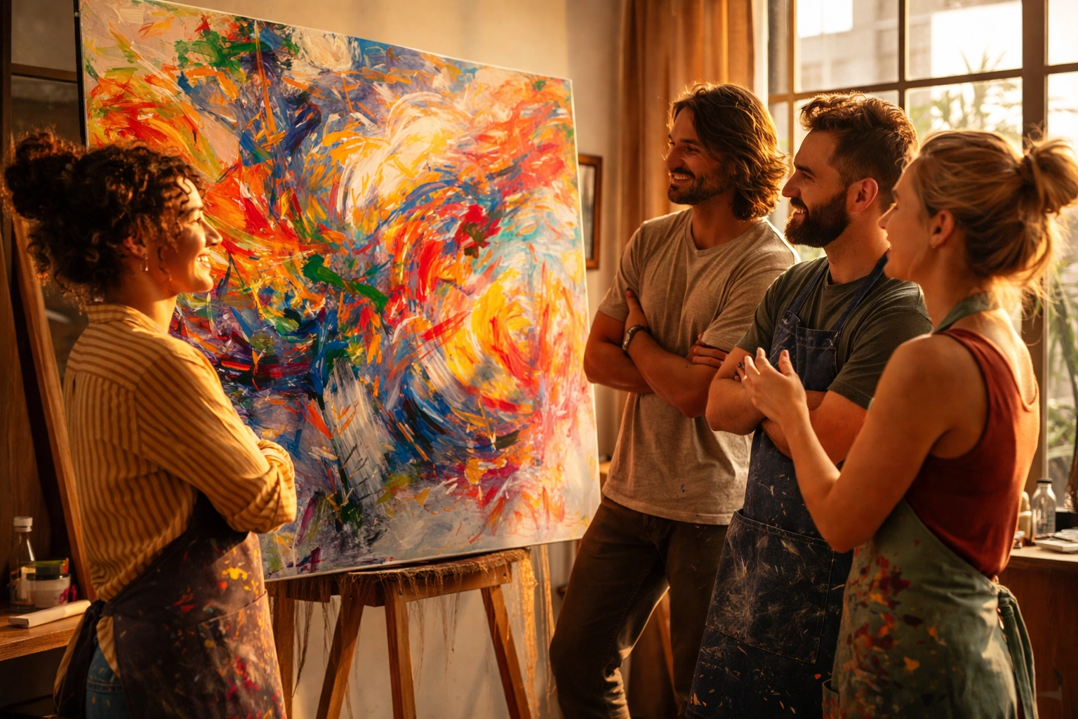 Team reflecting together on their completed artwork during a creative team building experience