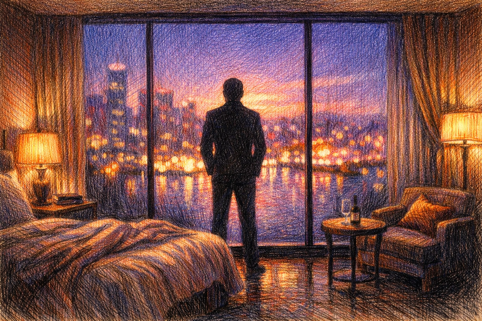 Modern boutique hotel room design with a cityscape view and warm interior textures.