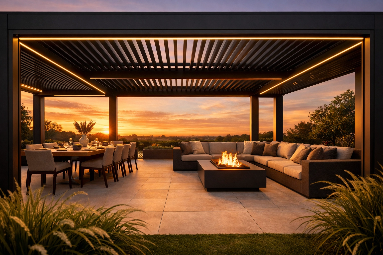 Large matte black aluminum louvre system with separate outdoor dining and lounge zones under sunset lighting.