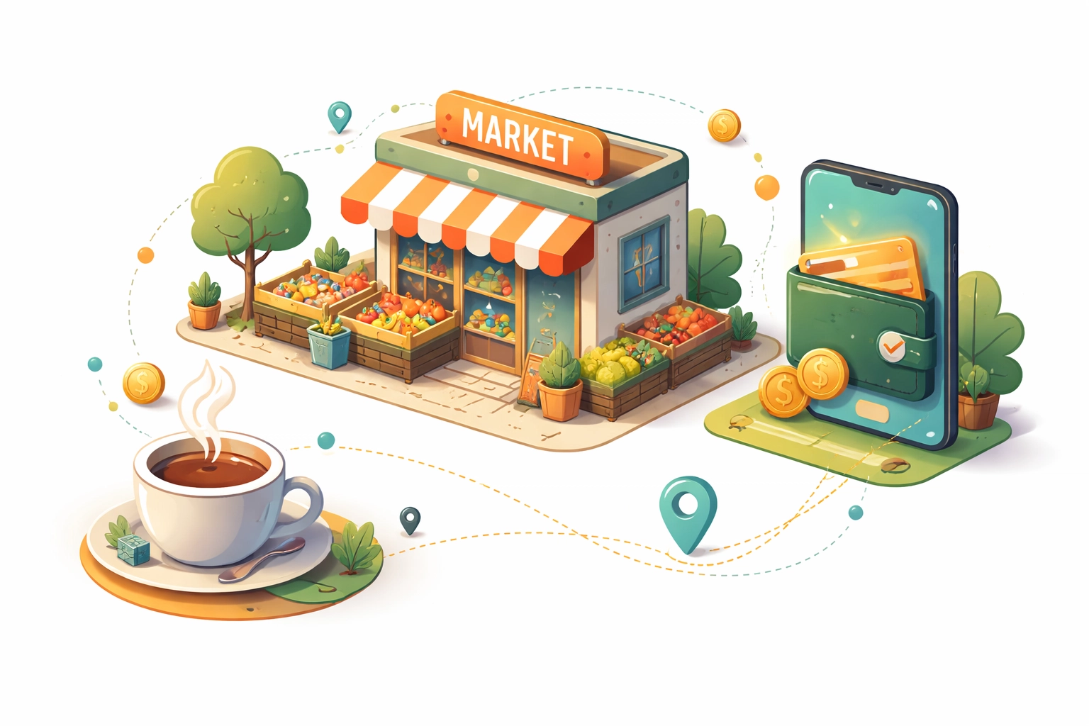 Isometric illustration of a neighborhood grocery store, coffee cup, and digital wallet highlighting integrated community wealth building