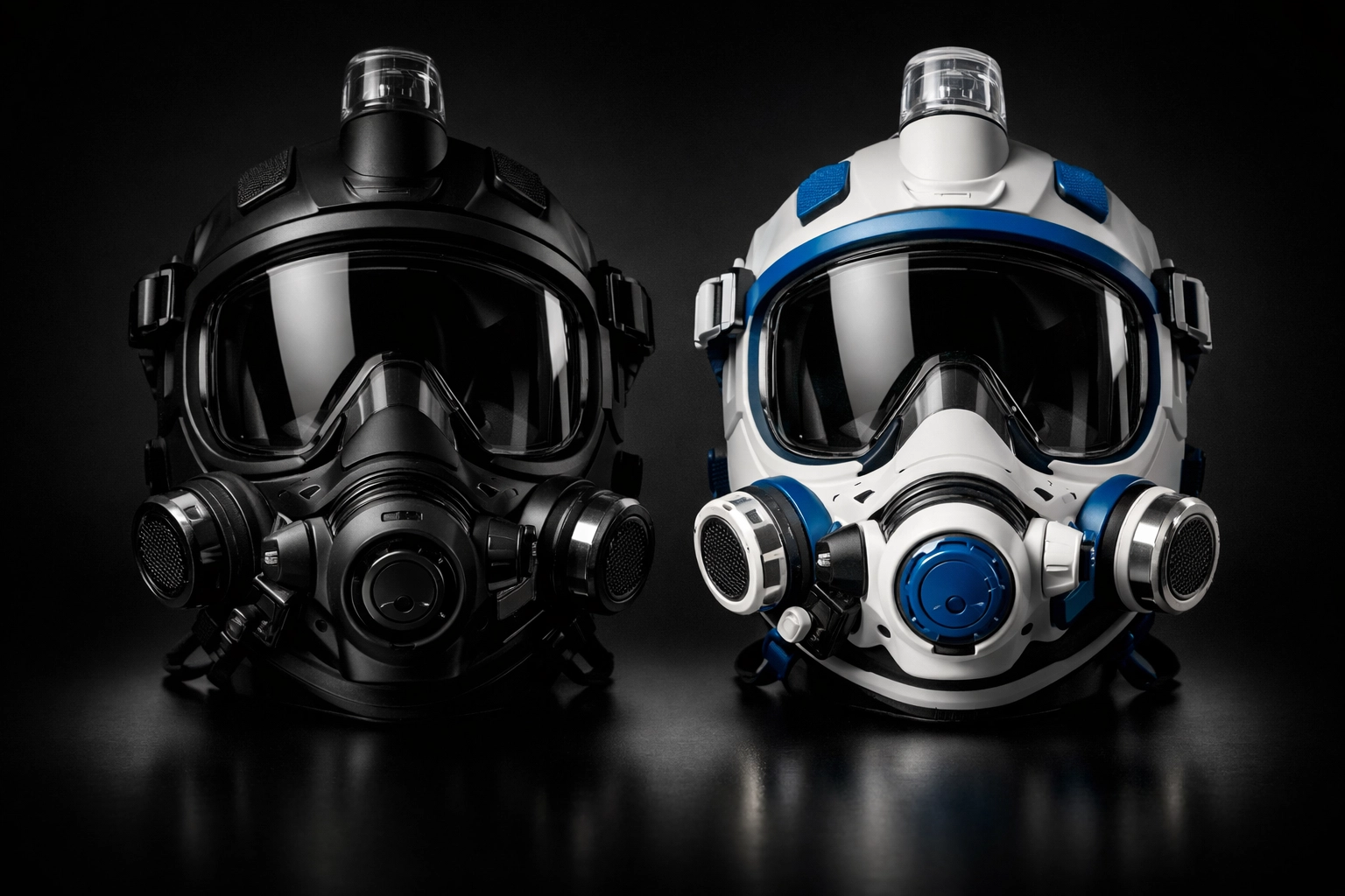Zwei verschiedene Modelle von Vollgesichtsmasken für Taucher in einer professionellen Studioaufnahme.