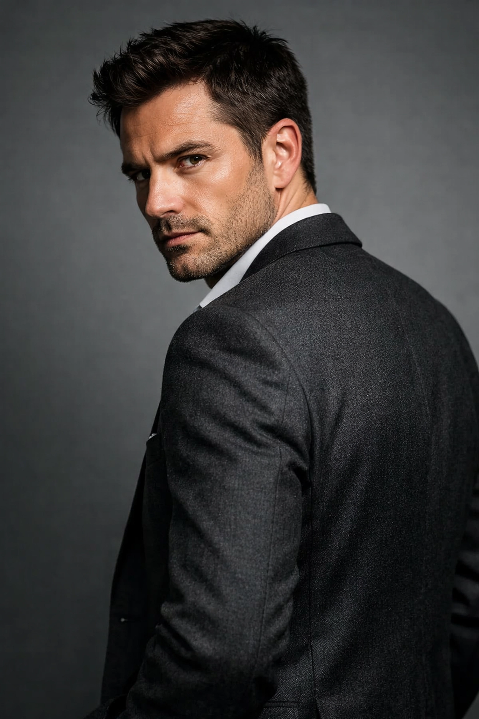 A professional man uses expert portrait photography techniques by angling his body for a dynamic headshot.