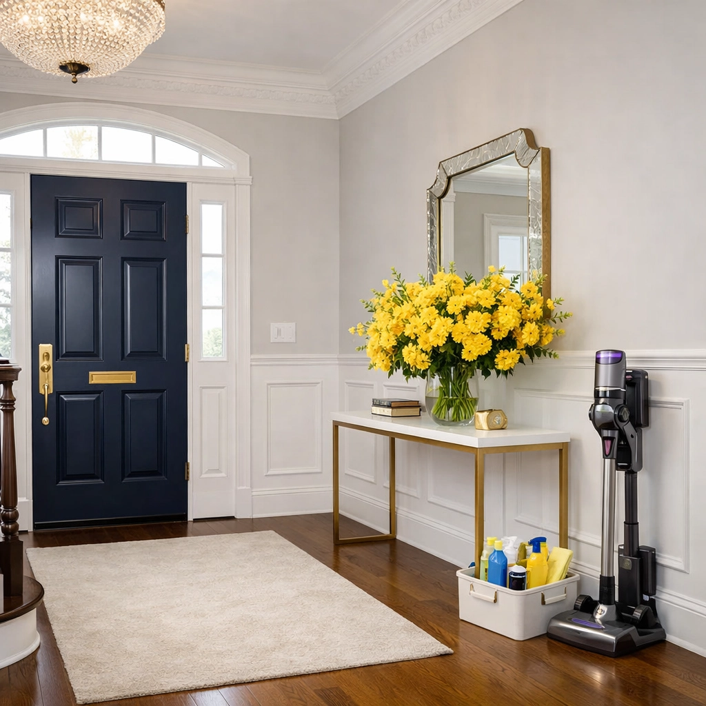 Organized luxury entryway showcasing the pristine results of professional house cleaning Clinton MA.