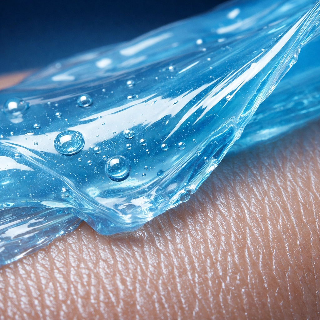 Macro view of synthetic silicone gel sitting on skin, illustrating how luxury moisturizer fillers block absorption.