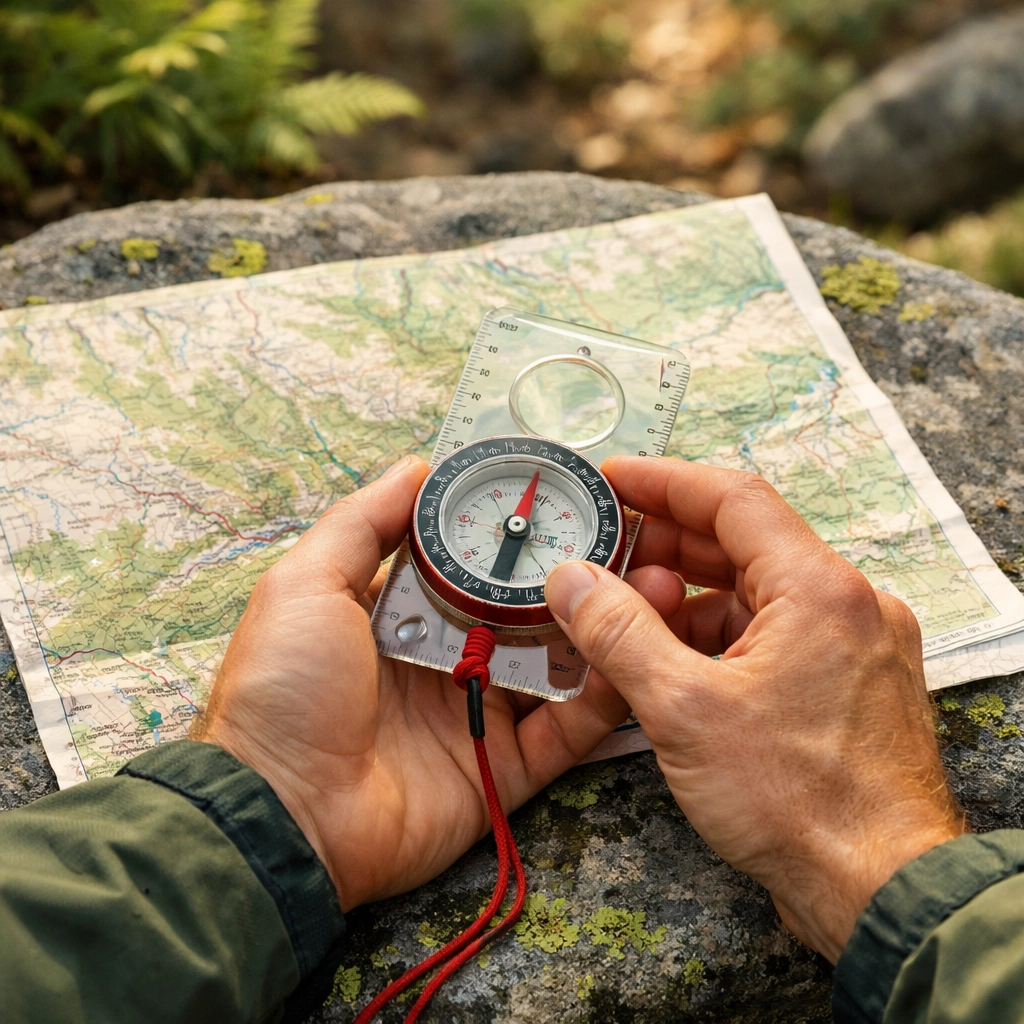 Hiker orienting a map with a compass on a mossy rock during a wild camping guided UK trip.