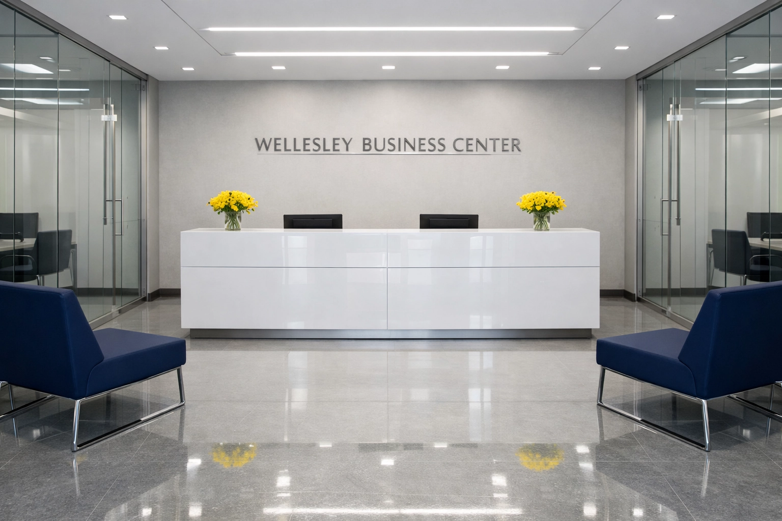 Spotless commercial office lobby in Wellesley MA showing professional janitorial cleaning results.