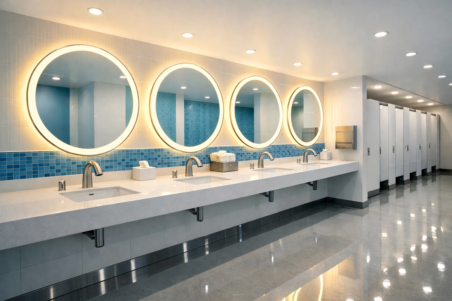 Clean, modern commercial restroom in a Boston office featuring white countertops and polished surfaces.