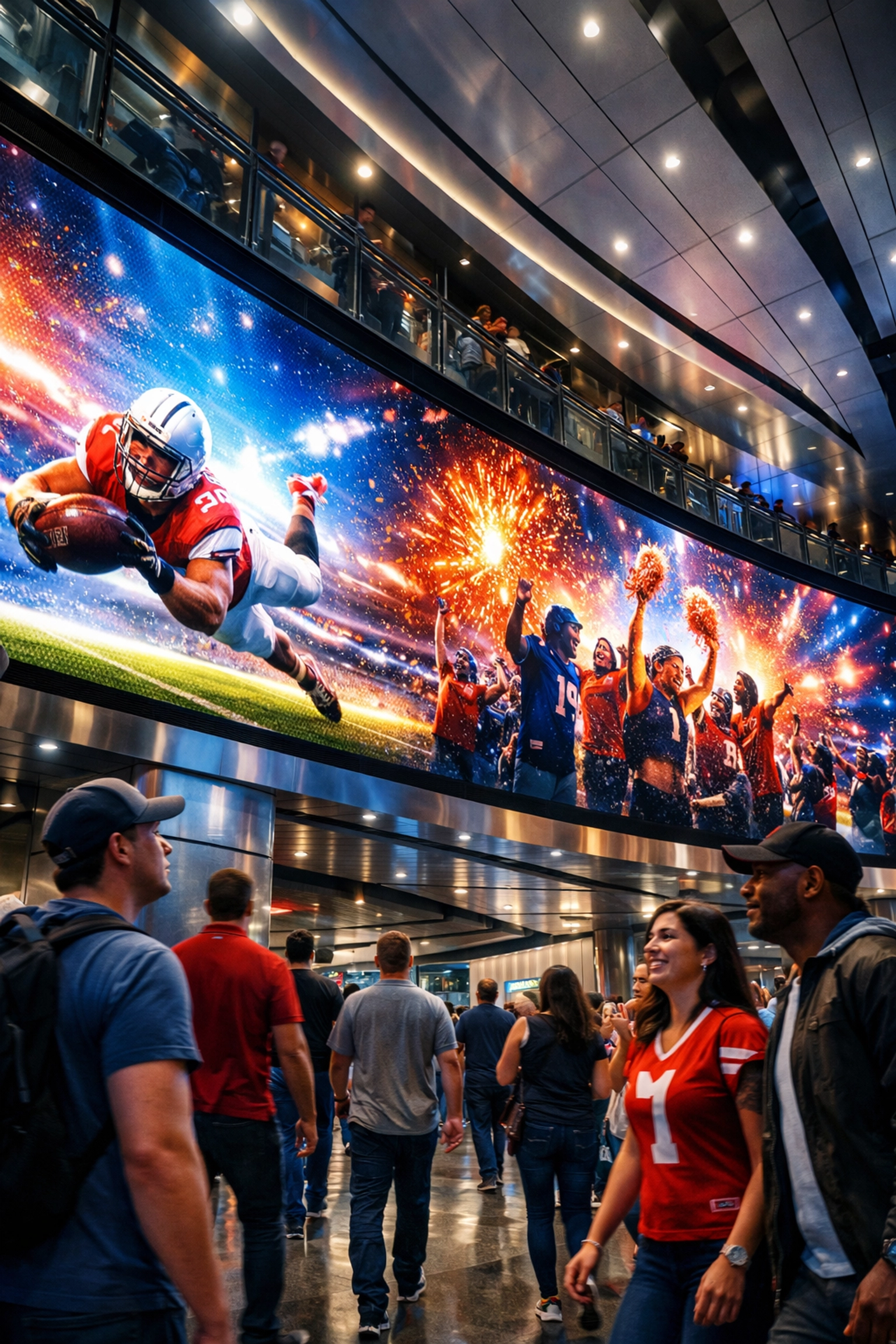 Innovative digital out-of-home LED screen displaying dynamic sports media in a modern stadium concourse.