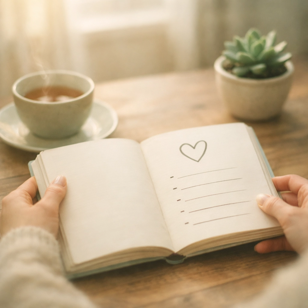 Hands writing priorities in journal with tea showing self-reflection and boundary clarity