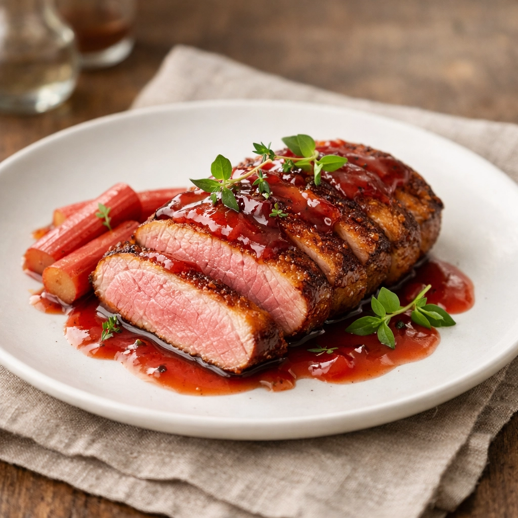 Duck breast with rhubarb glaze plated for Southern-inspired spring catering