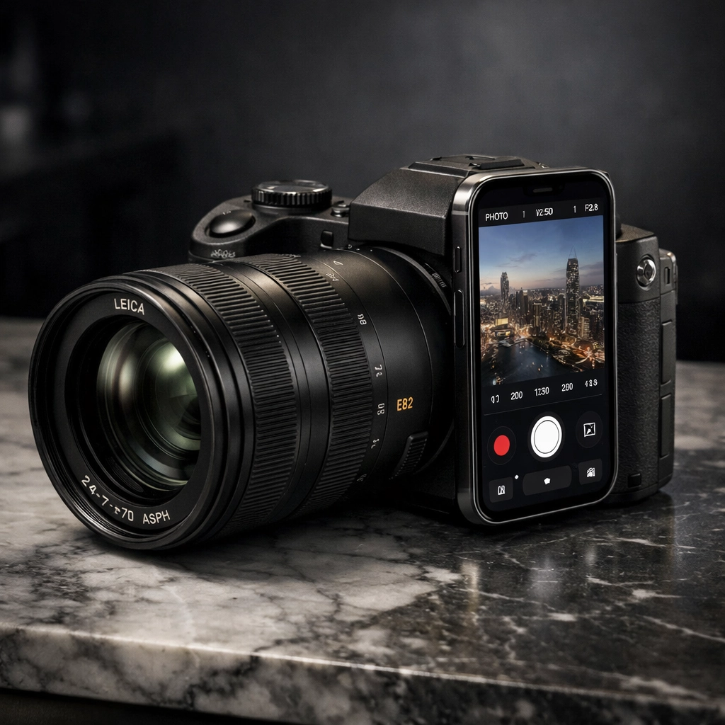 AI-powered mirrorless camera with a smartphone interface for professional photo editing.
