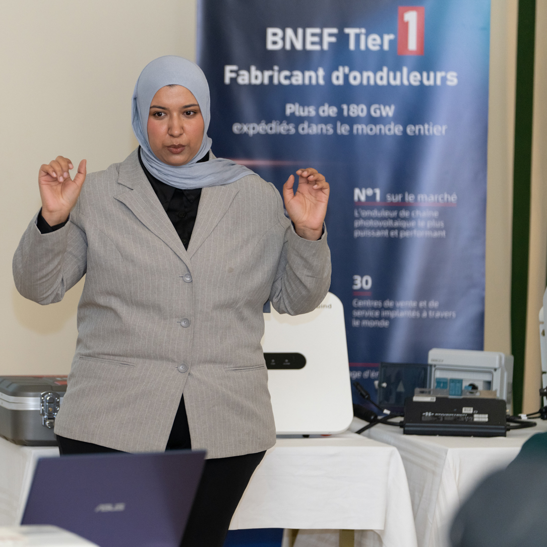 VLD SOLAR team member presenting solar inverter technology A team member of VLD SOLAR is presenting solar inverter technology to clients during a technical seminar. Banners highlight 'Tier 1' quality standards and advanced features of inverters from BNEF-ranked manufacturers. Equipment samples and technical materials for photovoltaic solutions are displayed on the table.