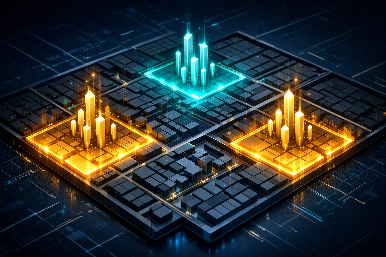 Glowing digital map highlighting local service areas for optimized lead generation and Google Maps visibility.