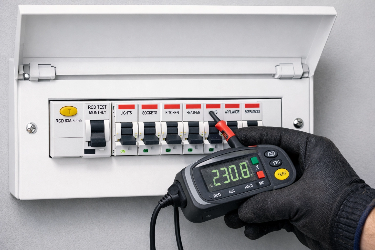 Qualified electrician testing consumer unit with RCD during EICR inspection in Rugby