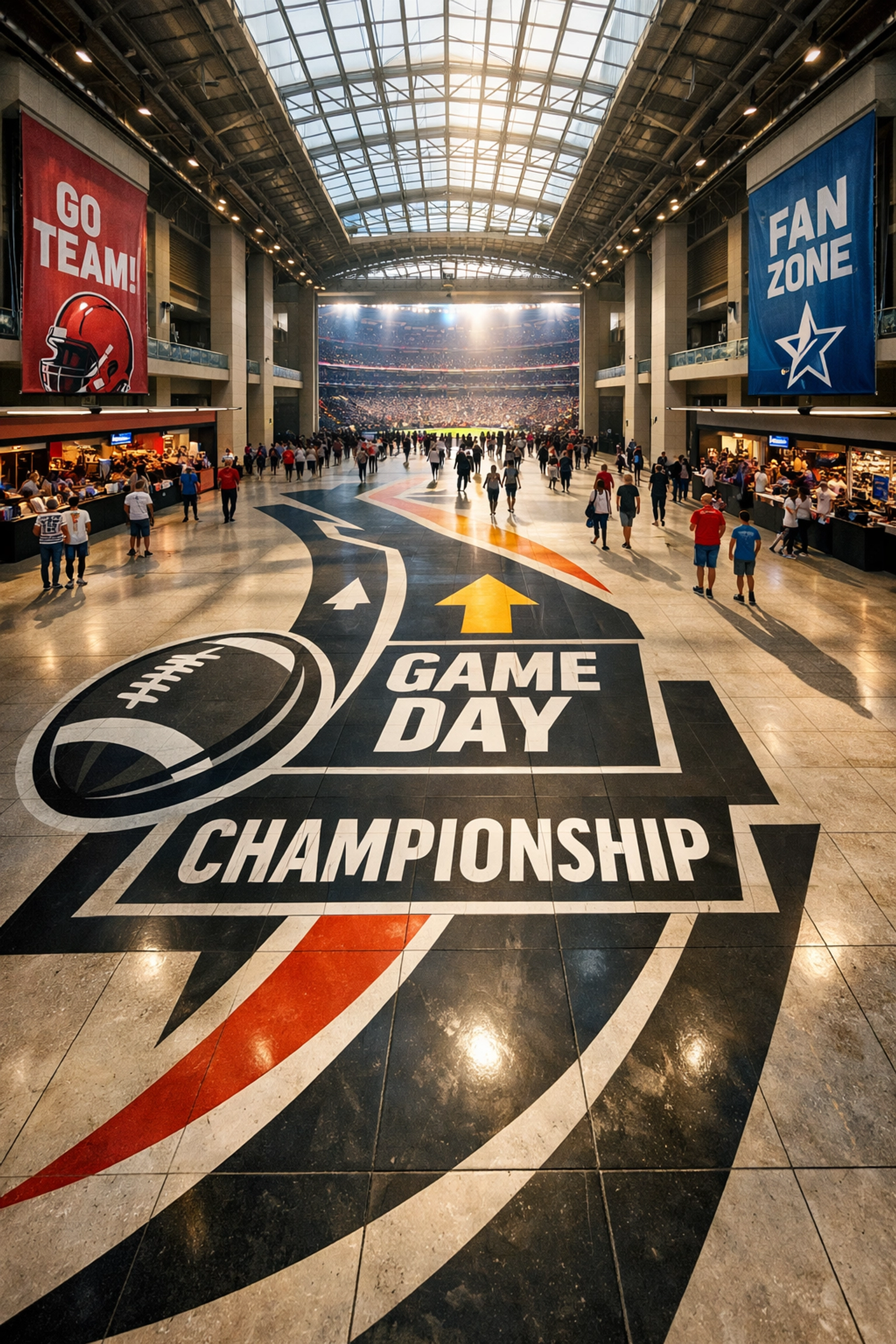 Large-scale floor graphics and advertising decals inside a grand stadium entrance hall leading to the field.