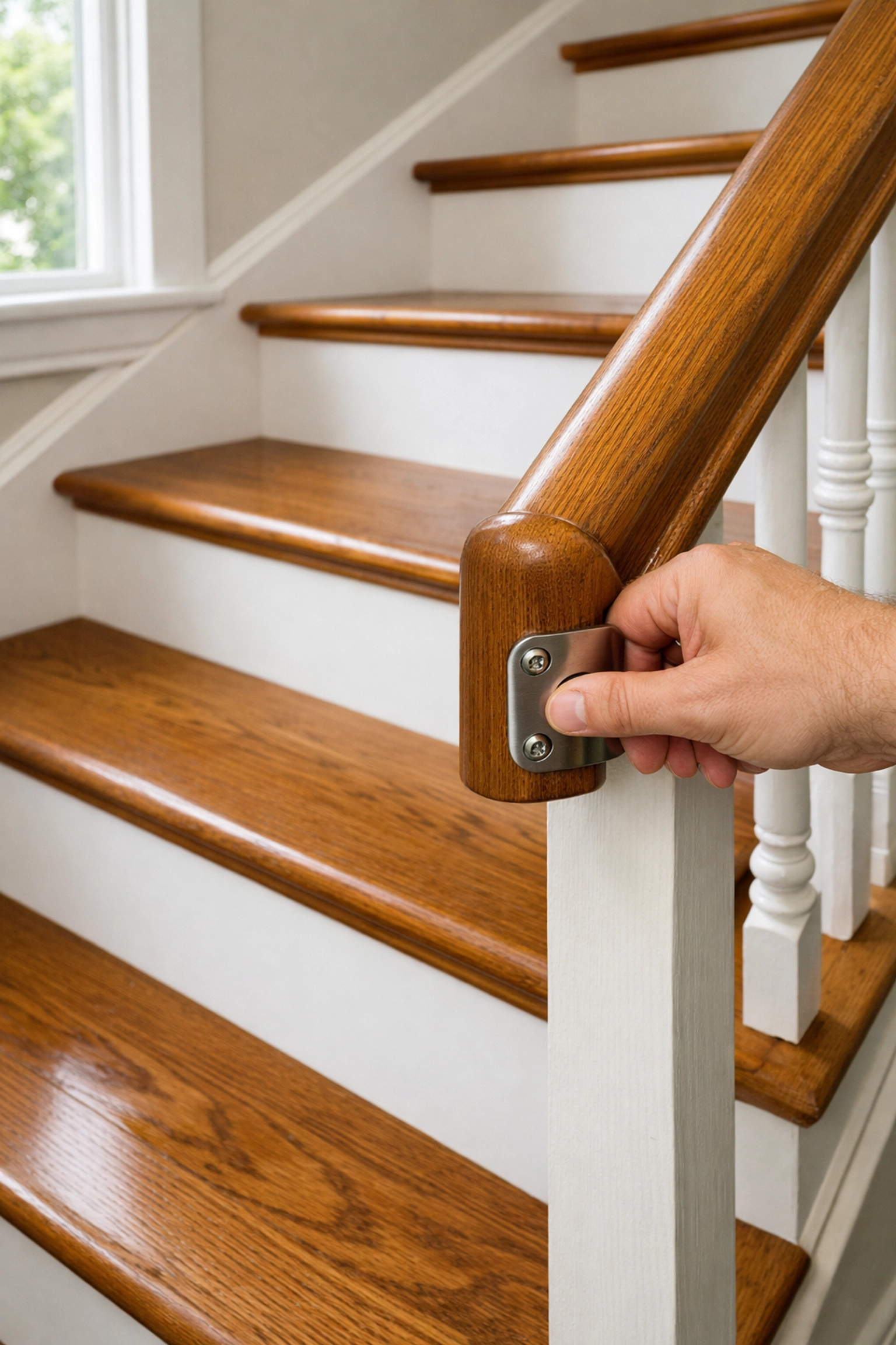 Hand checking secure handrail on well-maintained wooden staircase