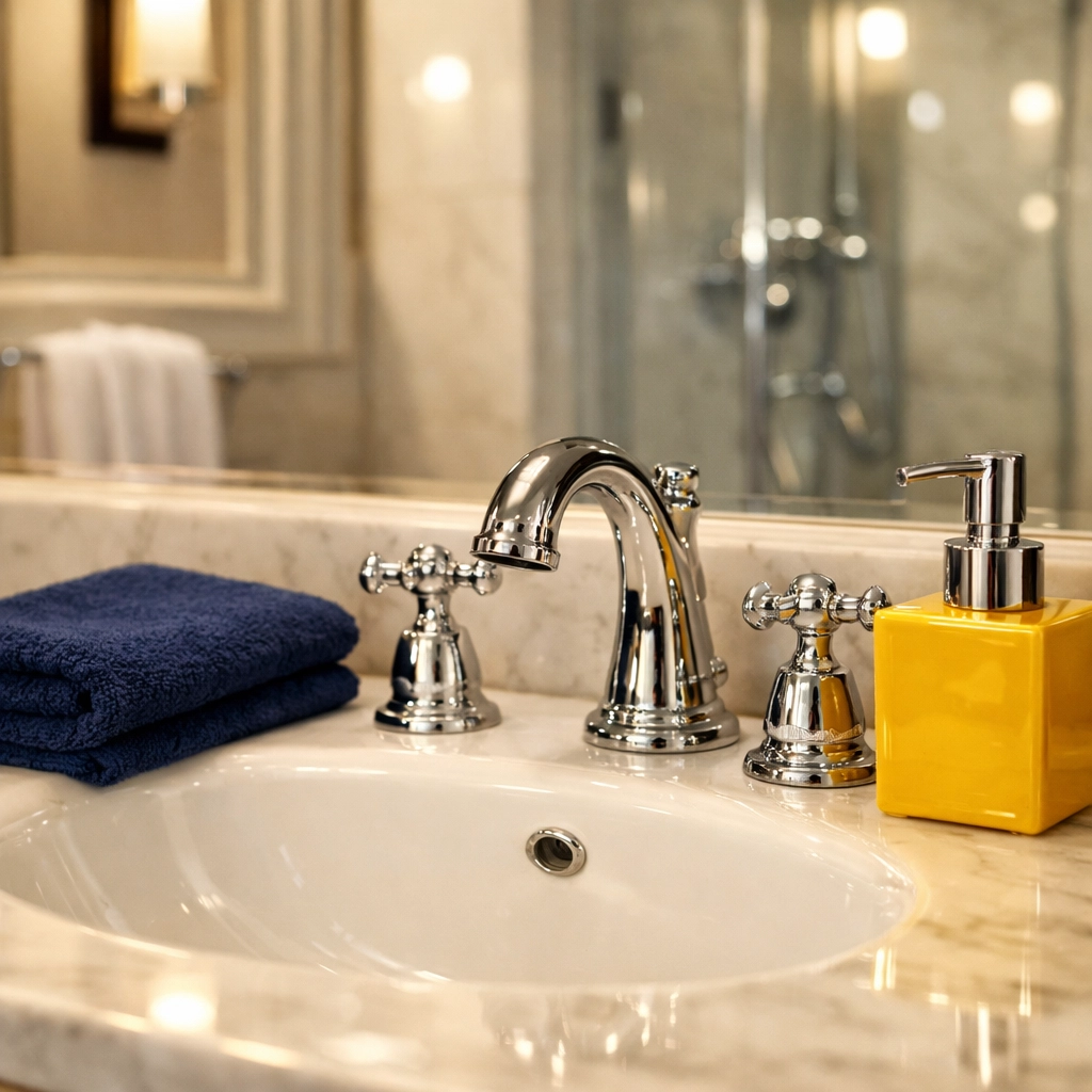 Pristine bathroom vanity in a Cambridge brownstone cleaned by a professional maid service Cambridge.