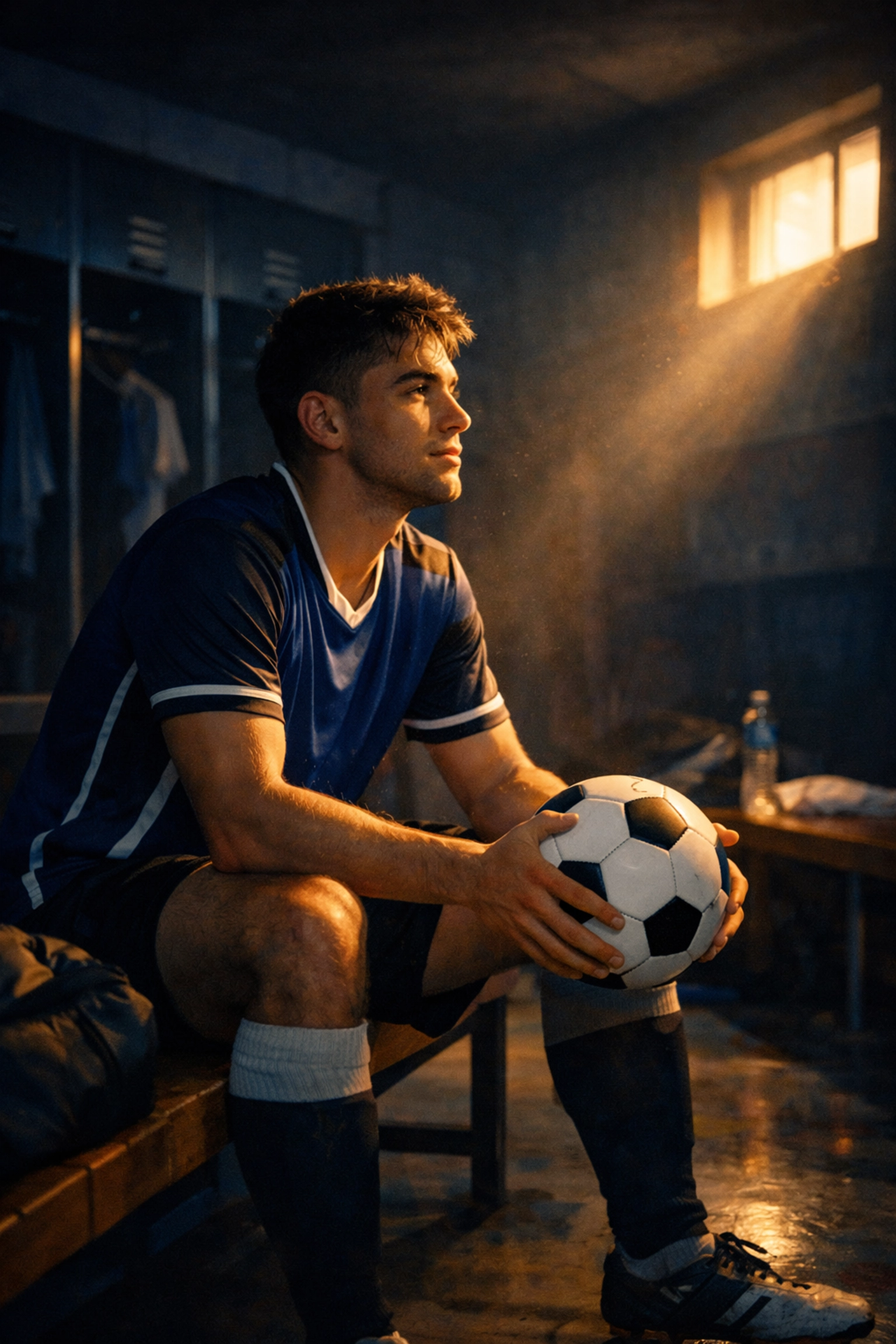 Gay soccer player in locker room reflecting on coming out and breaking barriers in sports