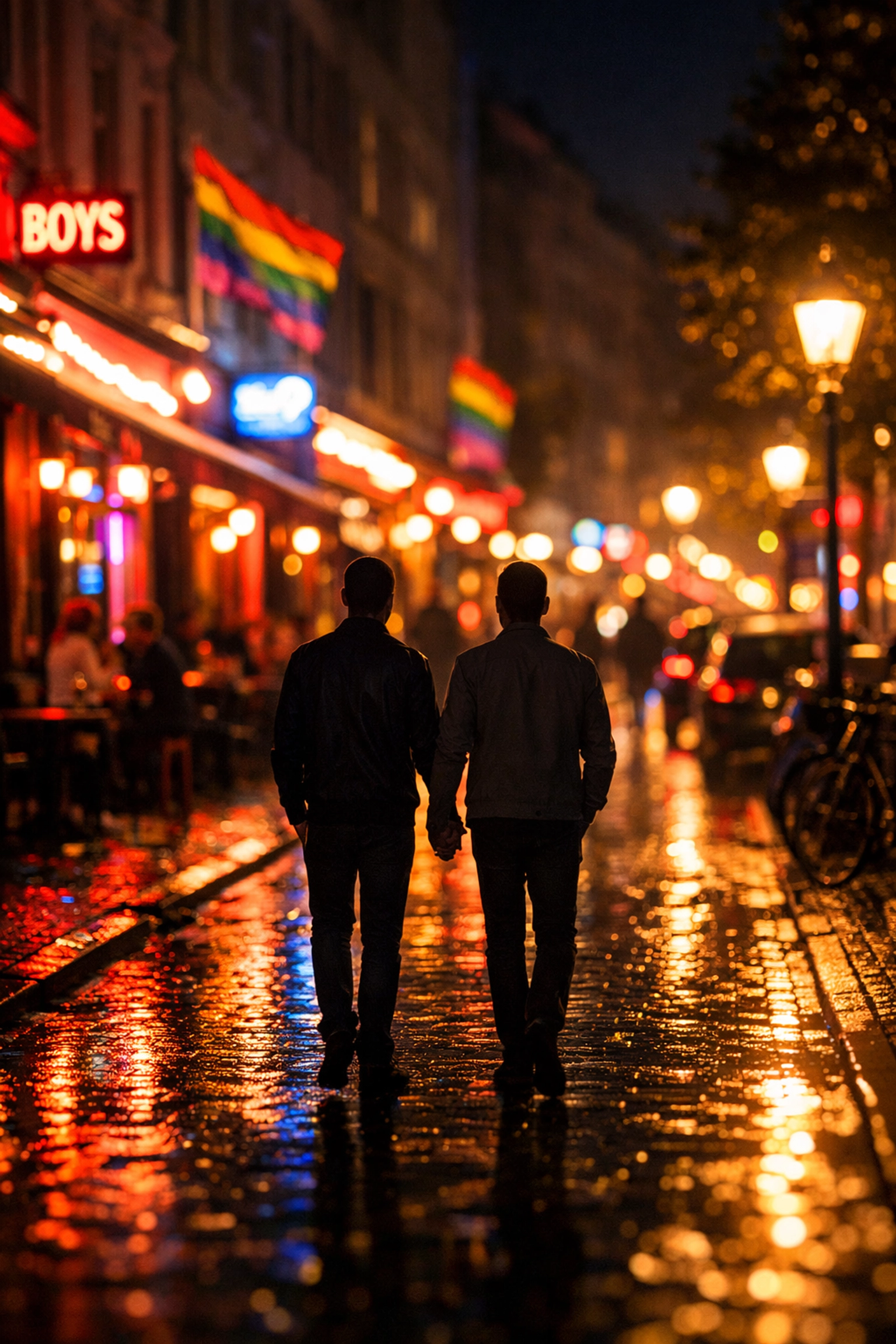 Berlin's Schöneberg district at night with neon-lit gay bars and rainbow flags along Motzstraße