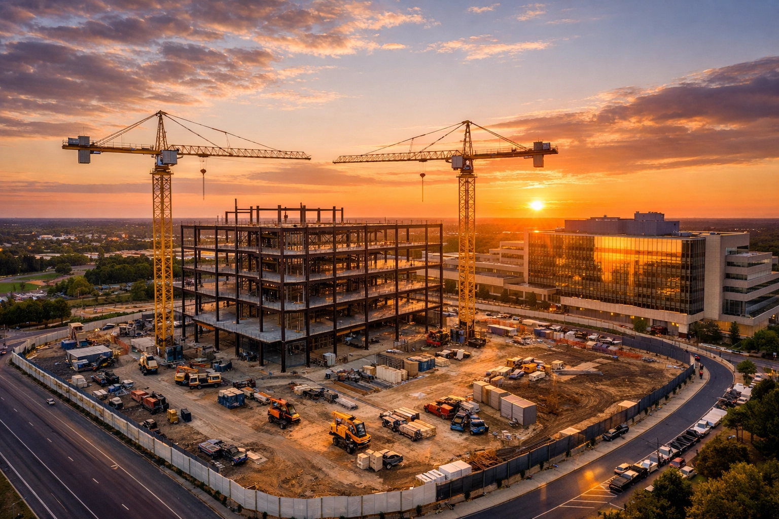 Large-scale healthcare development site featuring tower cranes and structural hospital framing.