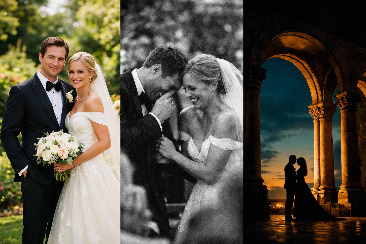 Comparison of traditional, candid, and editorial wedding photography styles for modern couples.